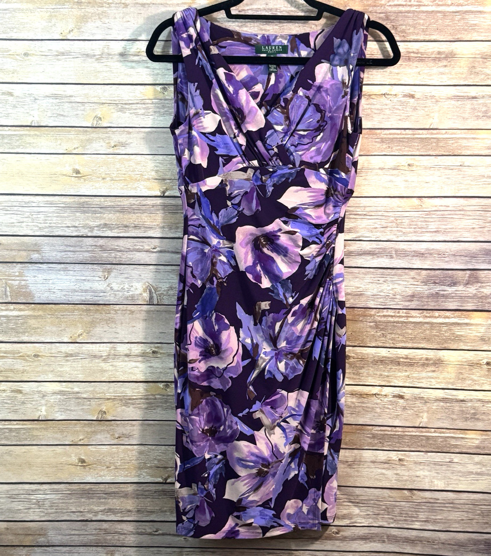 Lauren Ralph Lauren Purple Floral Sleeveless Mock Wrap Jersey Sheath Dress 2P